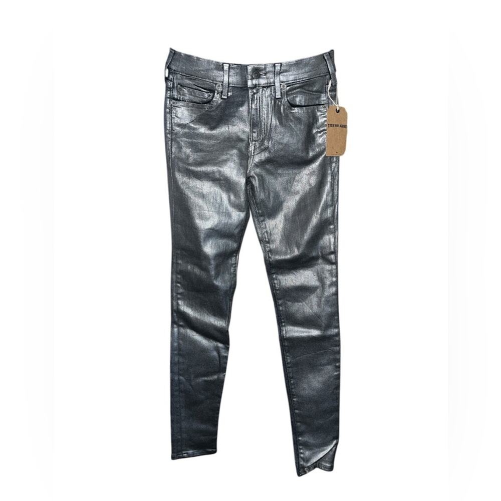 True Religion Halle Mid Rise Super Skinny Metallic Coated Jeans Size 28 NWT
